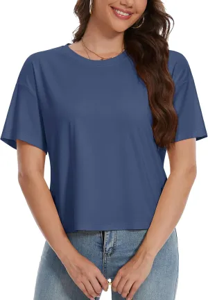 YUCOLEN Women's Crop Tops Summer Short Sleeve Cotton UPF 50  Round Neck Casual Loose Cropped T-Shirts Solid Basic Tees