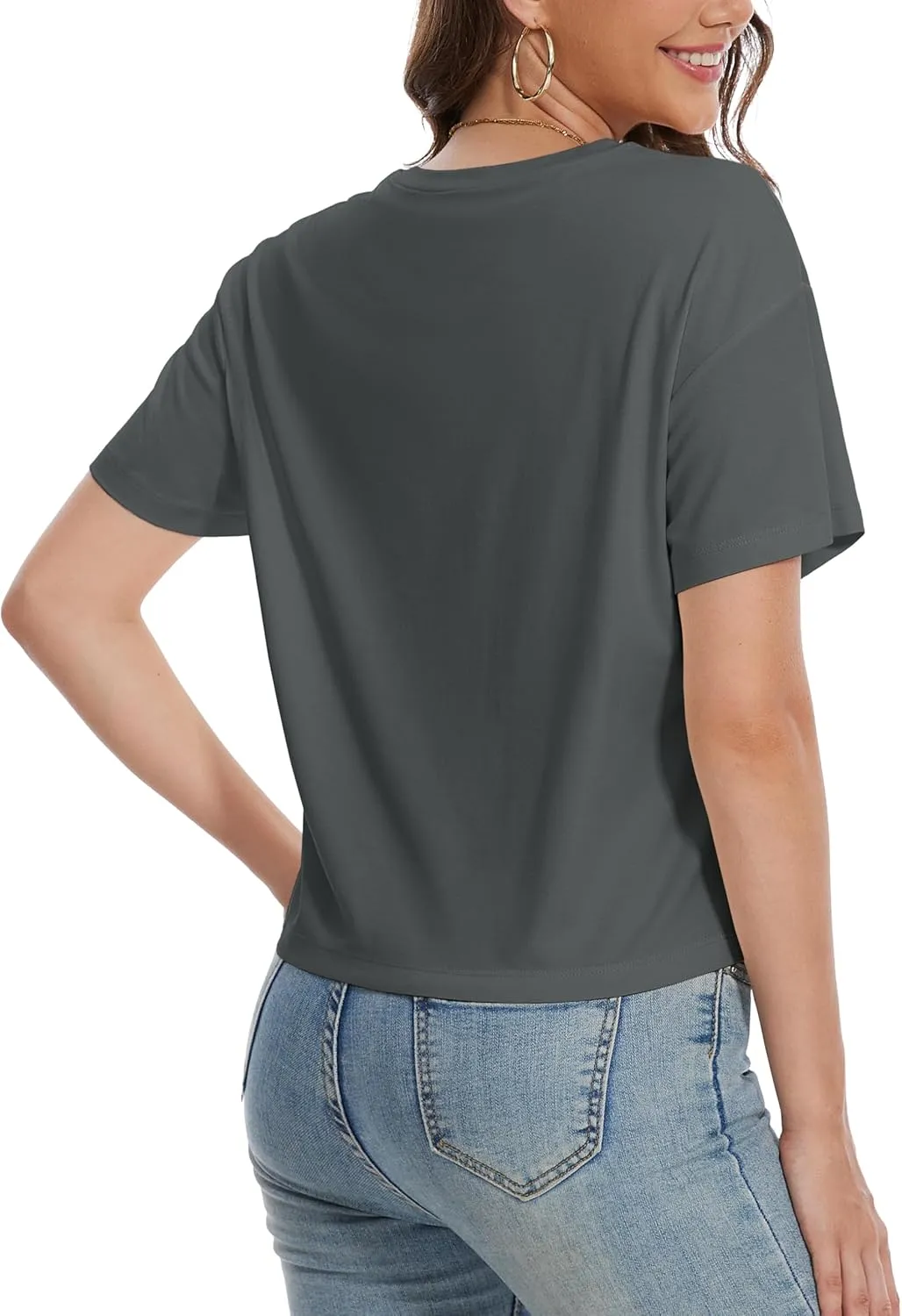 YUCOLEN Women's Crop Tops Summer Short Sleeve Cotton UPF 50  Round Neck Casual Loose Cropped T-Shirts Solid Basic Tees