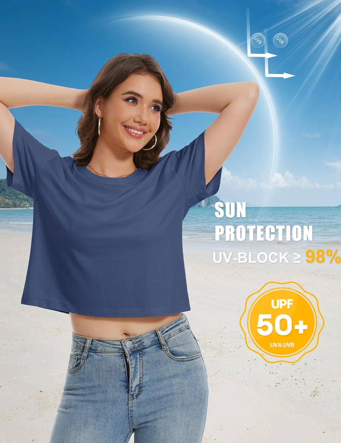 YUCOLEN Women's Crop Tops Summer Short Sleeve Cotton UPF 50  Round Neck Casual Loose Cropped T-Shirts Solid Basic Tees