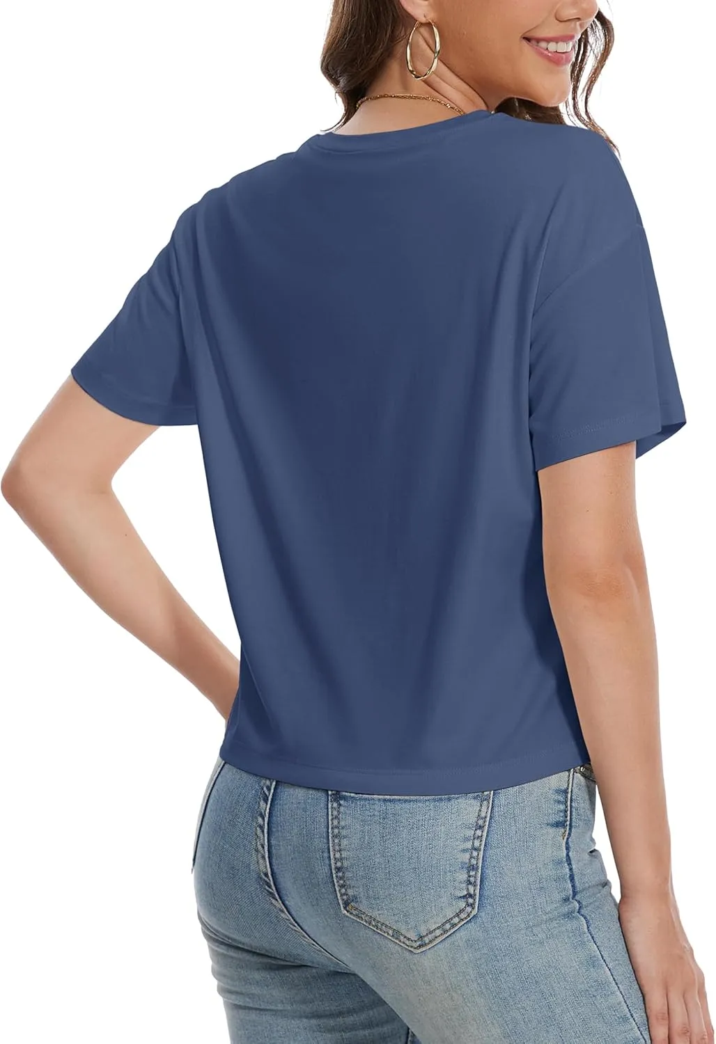 YUCOLEN Women's Crop Tops Summer Short Sleeve Cotton UPF 50  Round Neck Casual Loose Cropped T-Shirts Solid Basic Tees