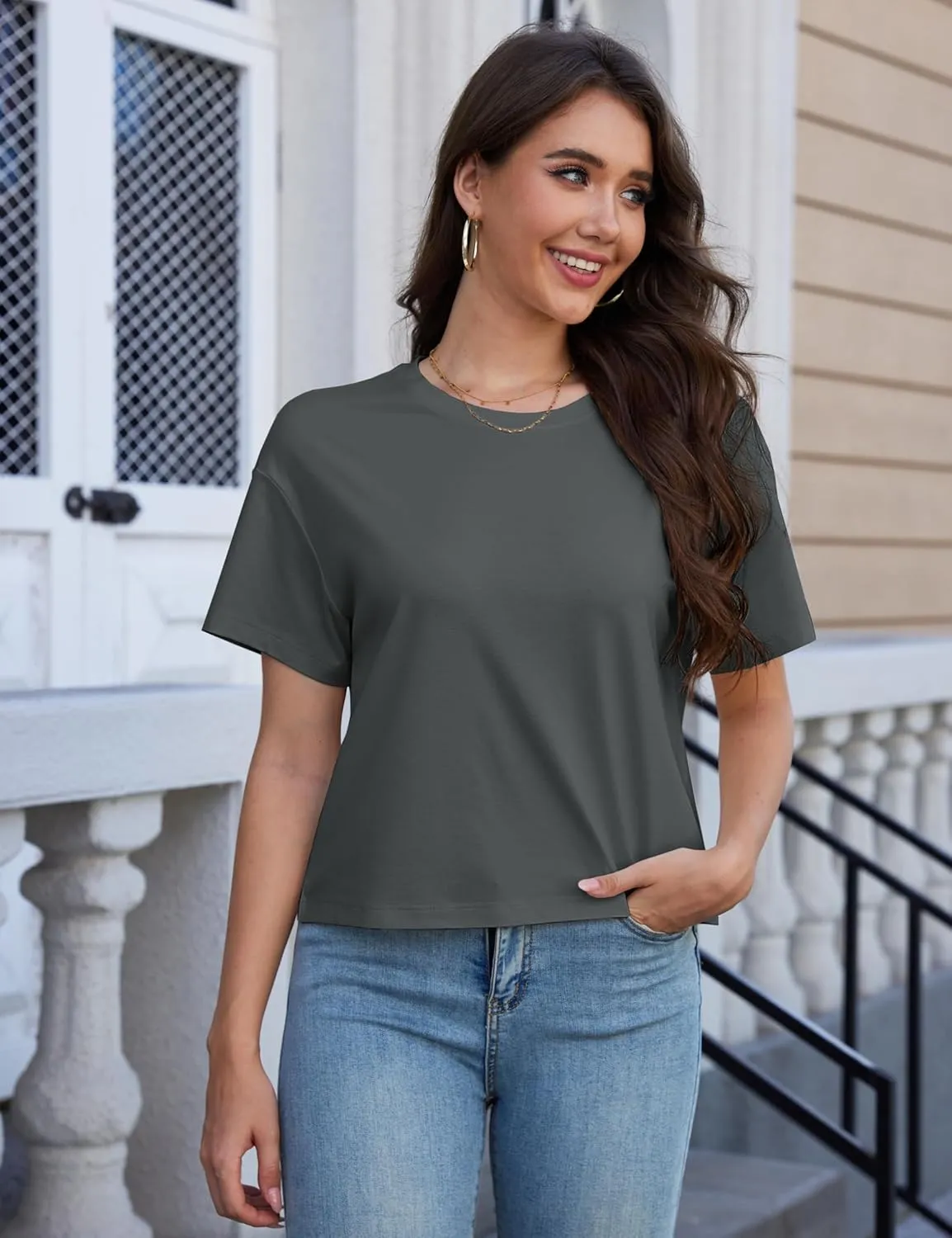 YUCOLEN Women's Crop Tops Summer Short Sleeve Cotton UPF 50  Round Neck Casual Loose Cropped T-Shirts Solid Basic Tees