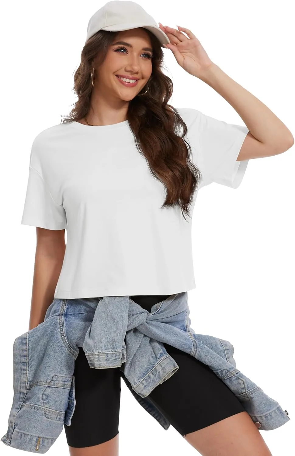 YUCOLEN Women's Crop Tops Summer Short Sleeve Cotton UPF 50  Round Neck Casual Loose Cropped T-Shirts Solid Basic Tees