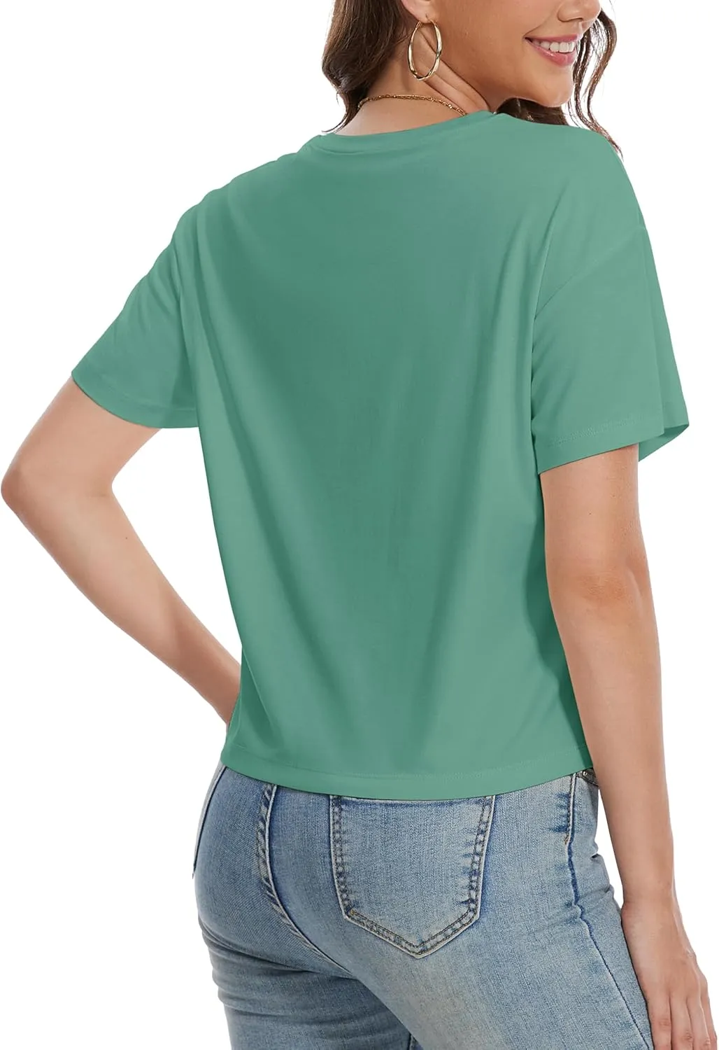 YUCOLEN Women's Crop Tops Summer Short Sleeve Cotton UPF 50  Round Neck Casual Loose Cropped T-Shirts Solid Basic Tees
