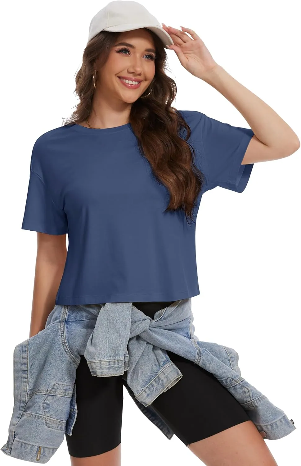 YUCOLEN Women's Crop Tops Summer Short Sleeve Cotton UPF 50  Round Neck Casual Loose Cropped T-Shirts Solid Basic Tees