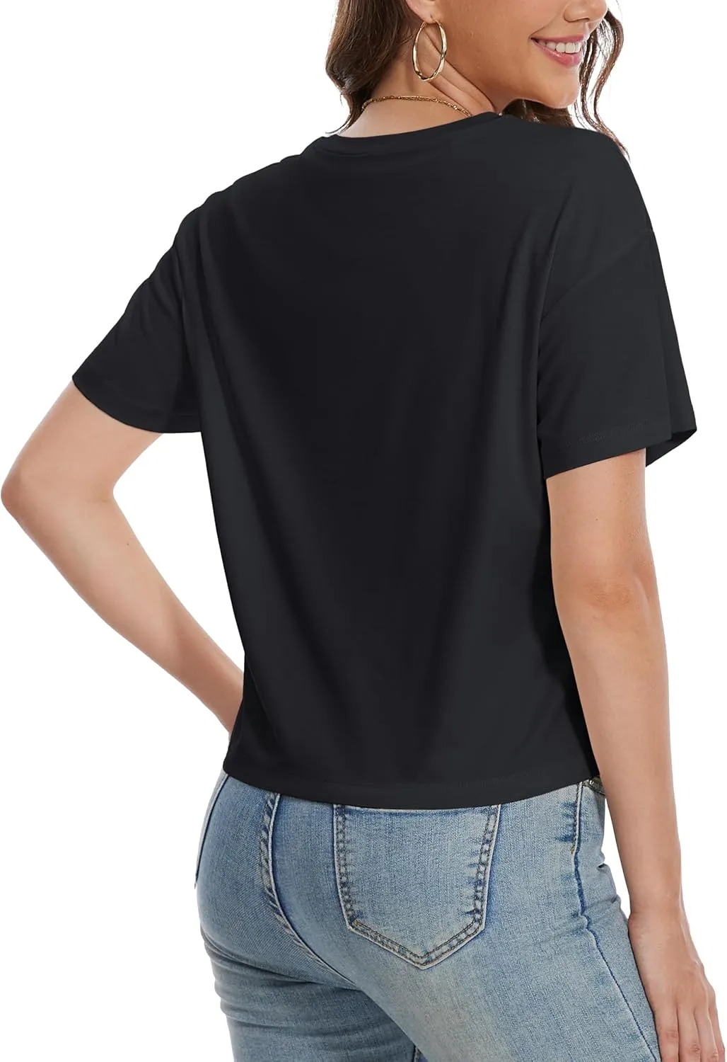YUCOLEN Women's Crop Tops Summer Short Sleeve Cotton UPF 50  Round Neck Casual Loose Cropped T-Shirts Solid Basic Tees