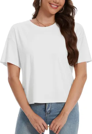 YUCOLEN Women's Crop Tops Summer Short Sleeve Cotton UPF 50  Round Neck Casual Loose Cropped T-Shirts Solid Basic Tees