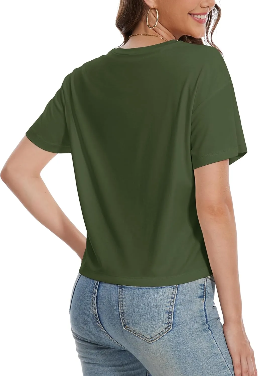 YUCOLEN Women's Crop Tops Summer Short Sleeve Cotton UPF 50  Round Neck Casual Loose Cropped T-Shirts Solid Basic Tees