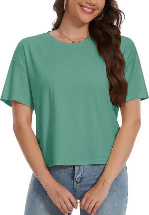 YUCOLEN Women's Crop Tops Summer Short Sleeve Cotton UPF 50  Round Neck Casual Loose Cropped T-Shirts Solid Basic Tees