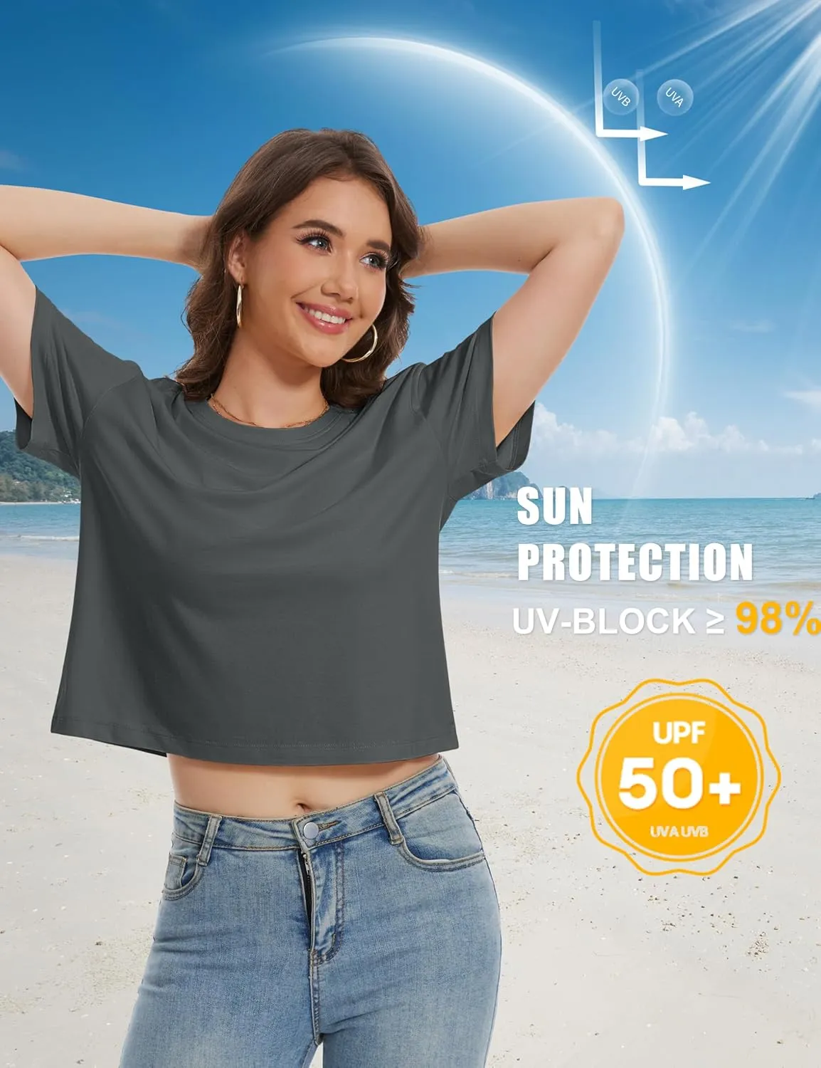 YUCOLEN Women's Crop Tops Summer Short Sleeve Cotton UPF 50  Round Neck Casual Loose Cropped T-Shirts Solid Basic Tees