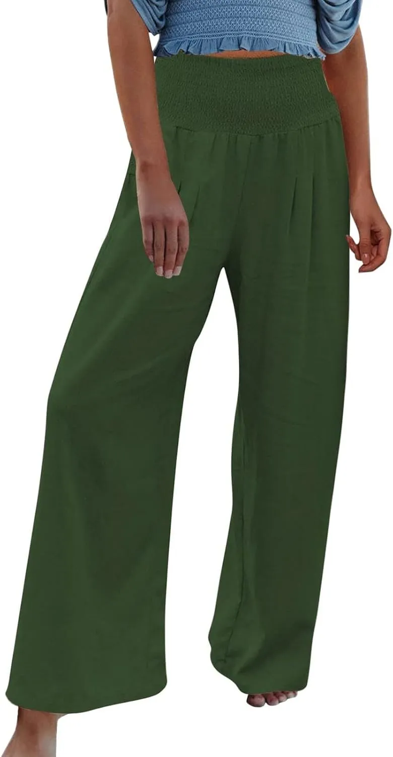 YUHGODO Boho Yoga Palazzo Trousers for Women, Smocked High Waist Wide Leg Flowy Pants, Bohemian Plain Beach Harem Pants