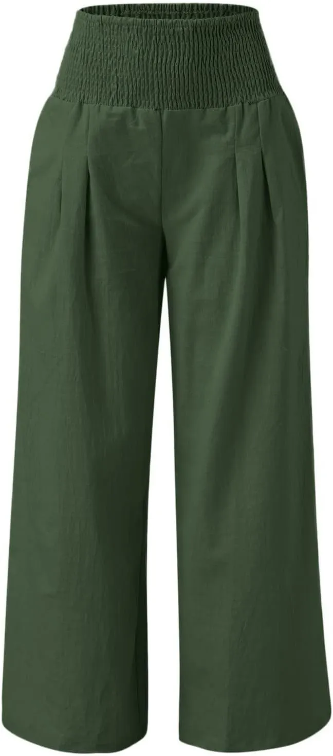 YUHGODO Boho Yoga Palazzo Trousers for Women, Smocked High Waist Wide Leg Flowy Pants, Bohemian Plain Beach Harem Pants
