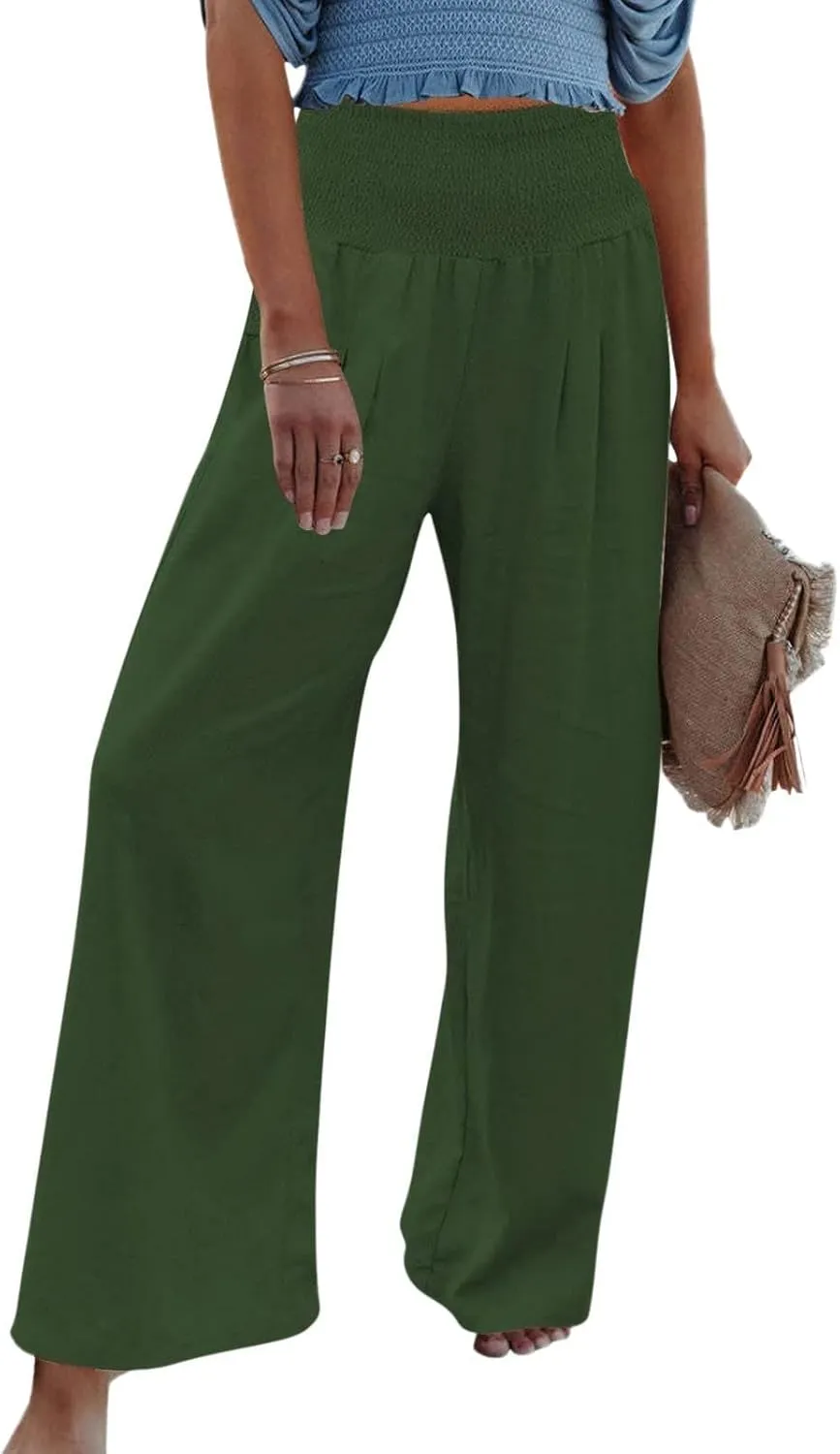YUHGODO Boho Yoga Palazzo Trousers for Women, Smocked High Waist Wide Leg Flowy Pants, Bohemian Plain Beach Harem Pants