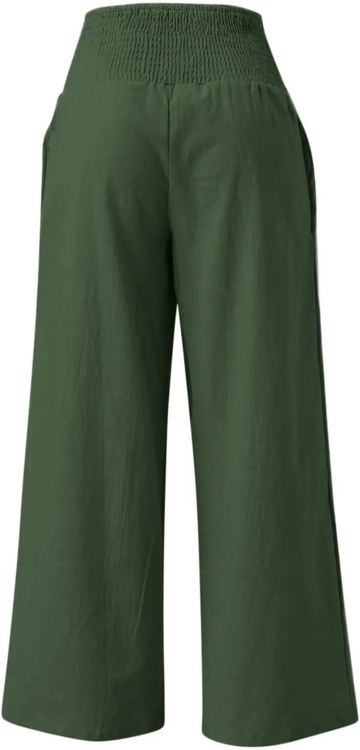 YUHGODO Boho Yoga Palazzo Trousers for Women, Smocked High Waist Wide Leg Flowy Pants, Bohemian Plain Beach Harem Pants