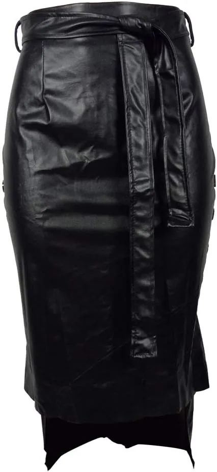 Yuopeid Sexy Leather Skirt for Women High Waist Straps Slim Hip Side Button Split Bodycon Back Zipper Pleated Midi Skirt
