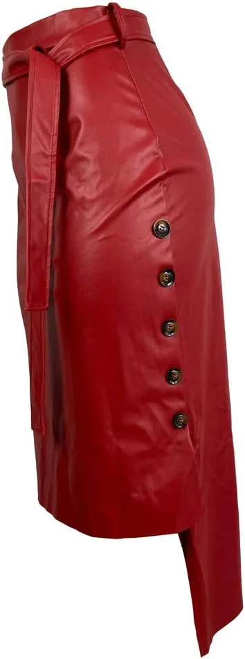 Yuopeid Sexy Leather Skirt for Women High Waist Straps Slim Hip Side Button Split Bodycon Back Zipper Pleated Midi Skirt