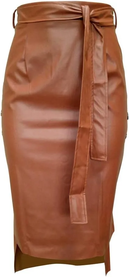 Yuopeid Sexy Leather Skirt for Women High Waist Straps Slim Hip Side Button Split Bodycon Back Zipper Pleated Midi Skirt