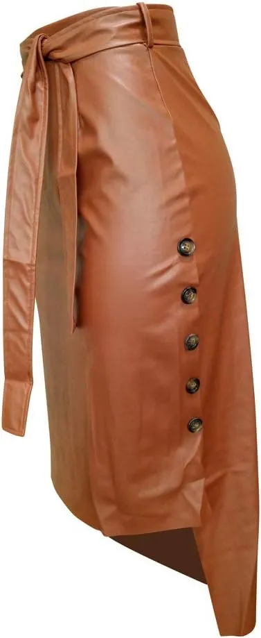 Yuopeid Sexy Leather Skirt for Women High Waist Straps Slim Hip Side Button Split Bodycon Back Zipper Pleated Midi Skirt