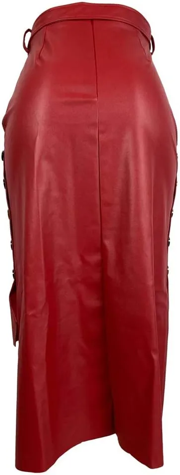 Yuopeid Sexy Leather Skirt for Women High Waist Straps Slim Hip Side Button Split Bodycon Back Zipper Pleated Midi Skirt