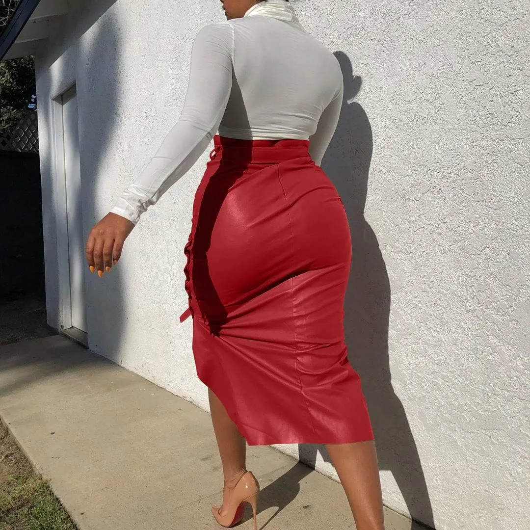 Yuopeid Sexy Leather Skirt for Women High Waist Straps Slim Hip Side Button Split Bodycon Back Zipper Pleated Midi Skirt