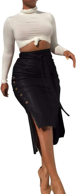 Yuopeid Sexy Leather Skirt for Women High Waist Straps Slim Hip Side Button Split Bodycon Back Zipper Pleated Midi Skirt
