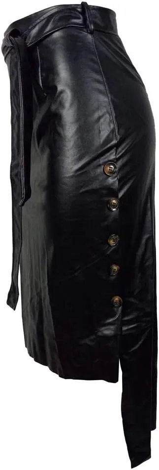 Yuopeid Sexy Leather Skirt for Women High Waist Straps Slim Hip Side Button Split Bodycon Back Zipper Pleated Midi Skirt