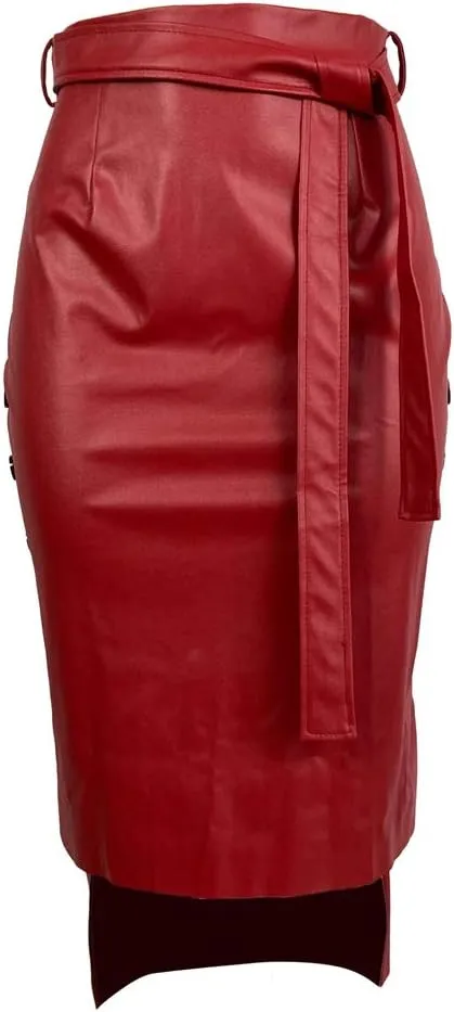 Yuopeid Sexy Leather Skirt for Women High Waist Straps Slim Hip Side Button Split Bodycon Back Zipper Pleated Midi Skirt