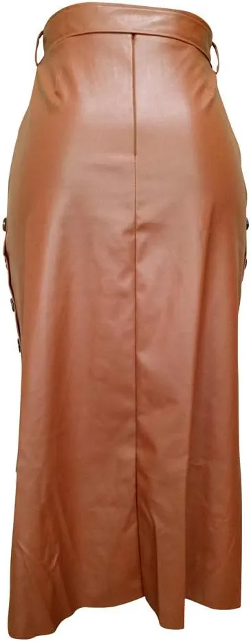 Yuopeid Sexy Leather Skirt for Women High Waist Straps Slim Hip Side Button Split Bodycon Back Zipper Pleated Midi Skirt