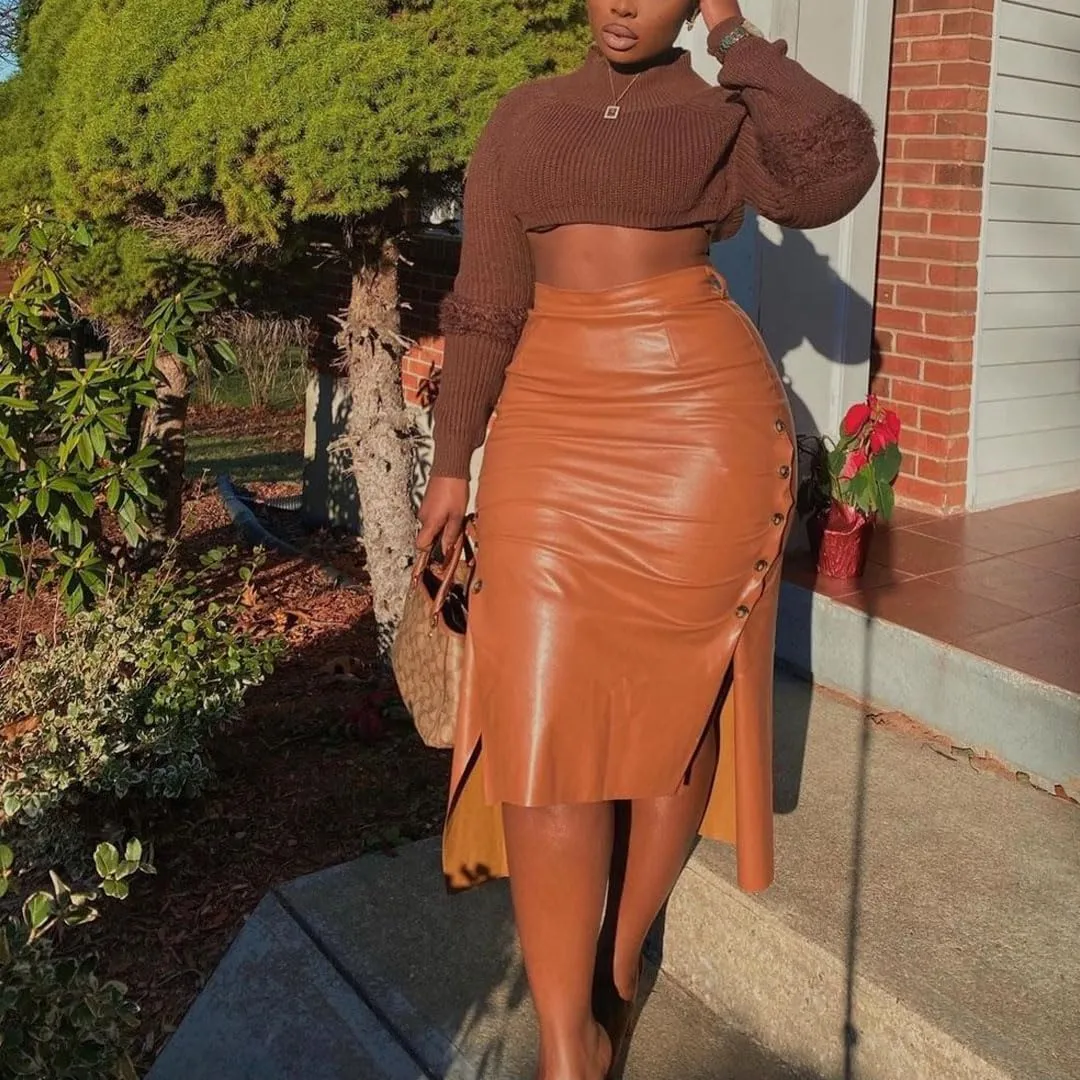 Yuopeid Sexy Leather Skirt for Women High Waist Straps Slim Hip Side Button Split Bodycon Back Zipper Pleated Midi Skirt