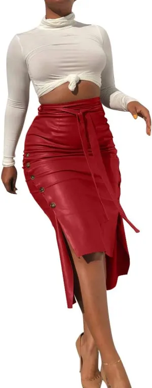 Yuopeid Sexy Leather Skirt for Women High Waist Straps Slim Hip Side Button Split Bodycon Back Zipper Pleated Midi Skirt