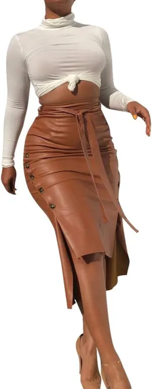 Yuopeid Sexy Leather Skirt for Women High Waist Straps Slim Hip Side Button Split Bodycon Back Zipper Pleated Midi Skirt