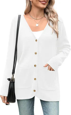 Zeagoo Women's V Neck Button Long Cardigan Sweater Casual 2024 Fall Knit Sweater Blazer with Pockets