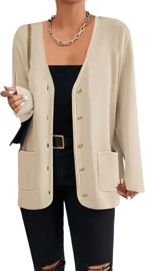 Zeagoo Women's V Neck Button Long Cardigan Sweater Casual 2024 Fall Knit Sweater Blazer with Pockets