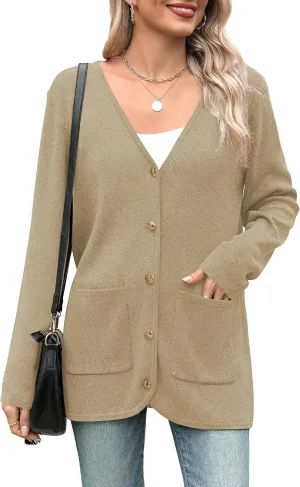 Zeagoo Women's V Neck Button Long Cardigan Sweater Casual 2024 Fall Knit Sweater Blazer with Pockets