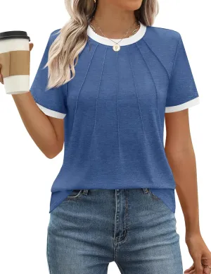 ZESICA Women's Casual Short Sleeve Trendy Shirts 2025 Summer Dressy Crewneck Color Block Tops