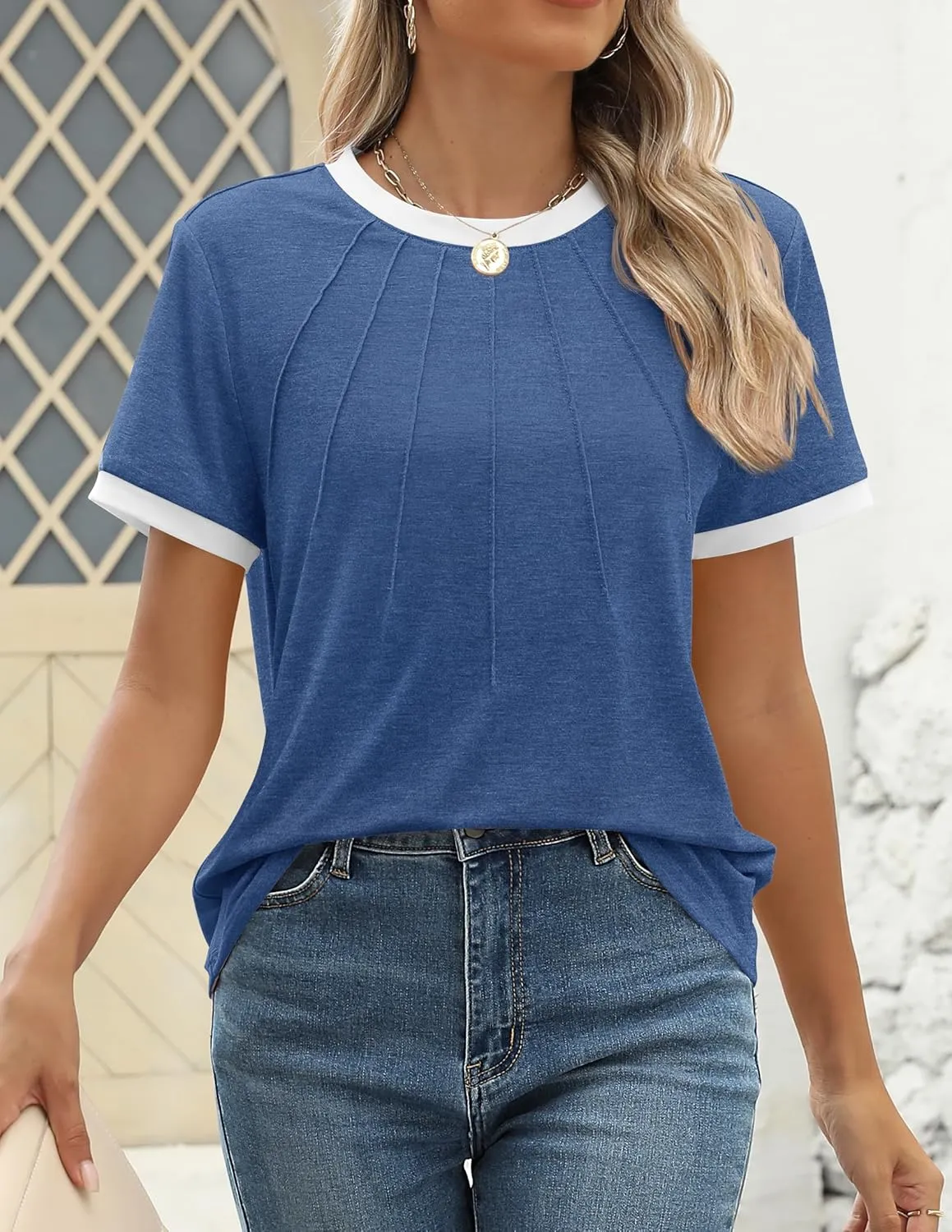 ZESICA Women's Casual Short Sleeve Trendy Shirts 2025 Summer Dressy Crewneck Color Block Tops