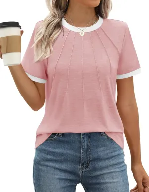 ZESICA Women's Casual Short Sleeve Trendy Shirts 2025 Summer Dressy Crewneck Color Block Tops