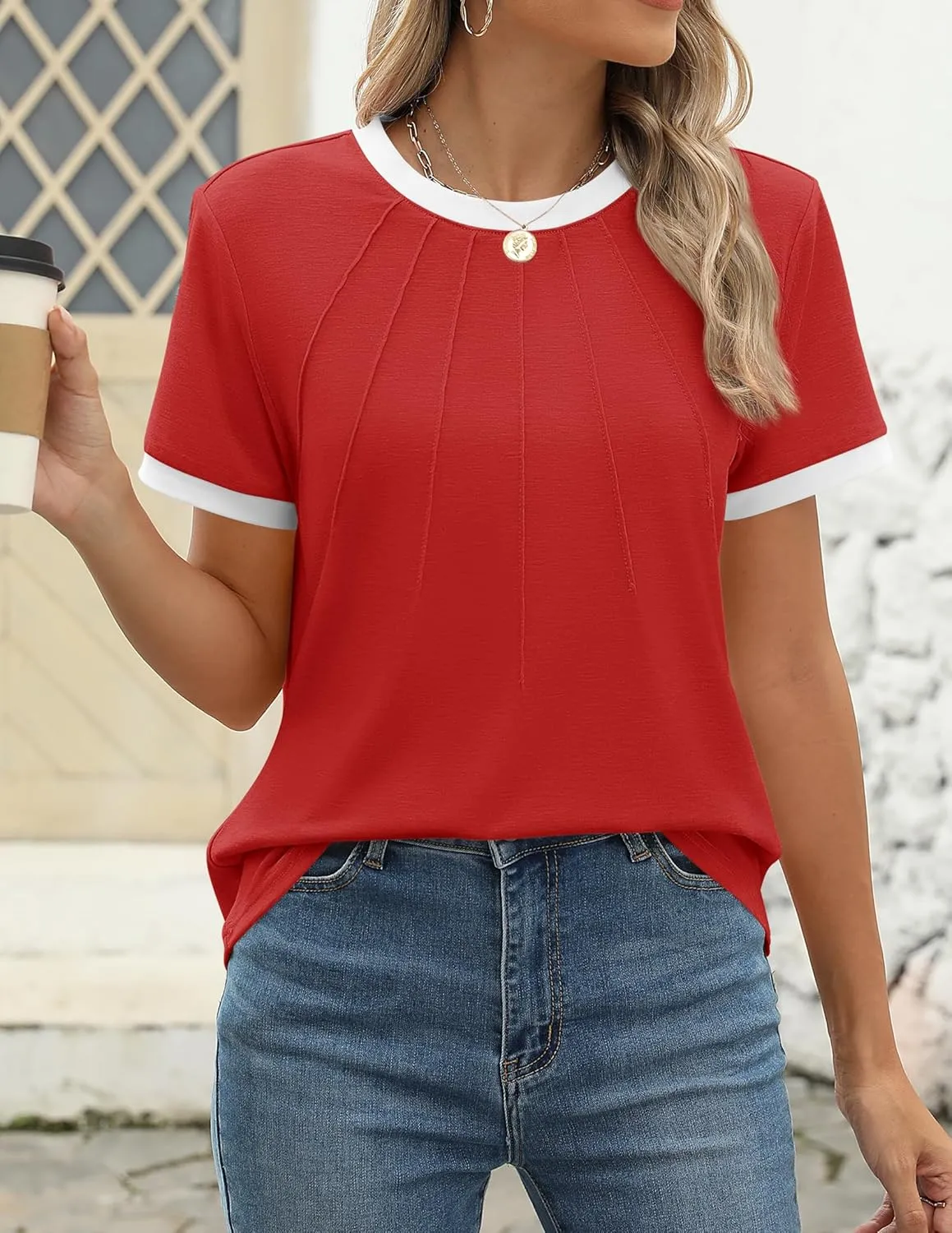 ZESICA Women's Casual Short Sleeve Trendy Shirts 2025 Summer Dressy Crewneck Color Block Tops