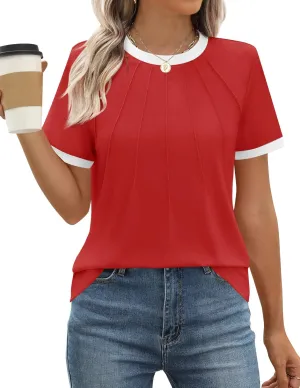 ZESICA Women's Casual Short Sleeve Trendy Shirts 2025 Summer Dressy Crewneck Color Block Tops