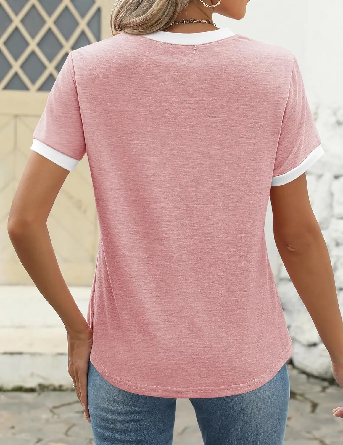 ZESICA Women's Casual Short Sleeve Trendy Shirts 2025 Summer Dressy Crewneck Color Block Tops