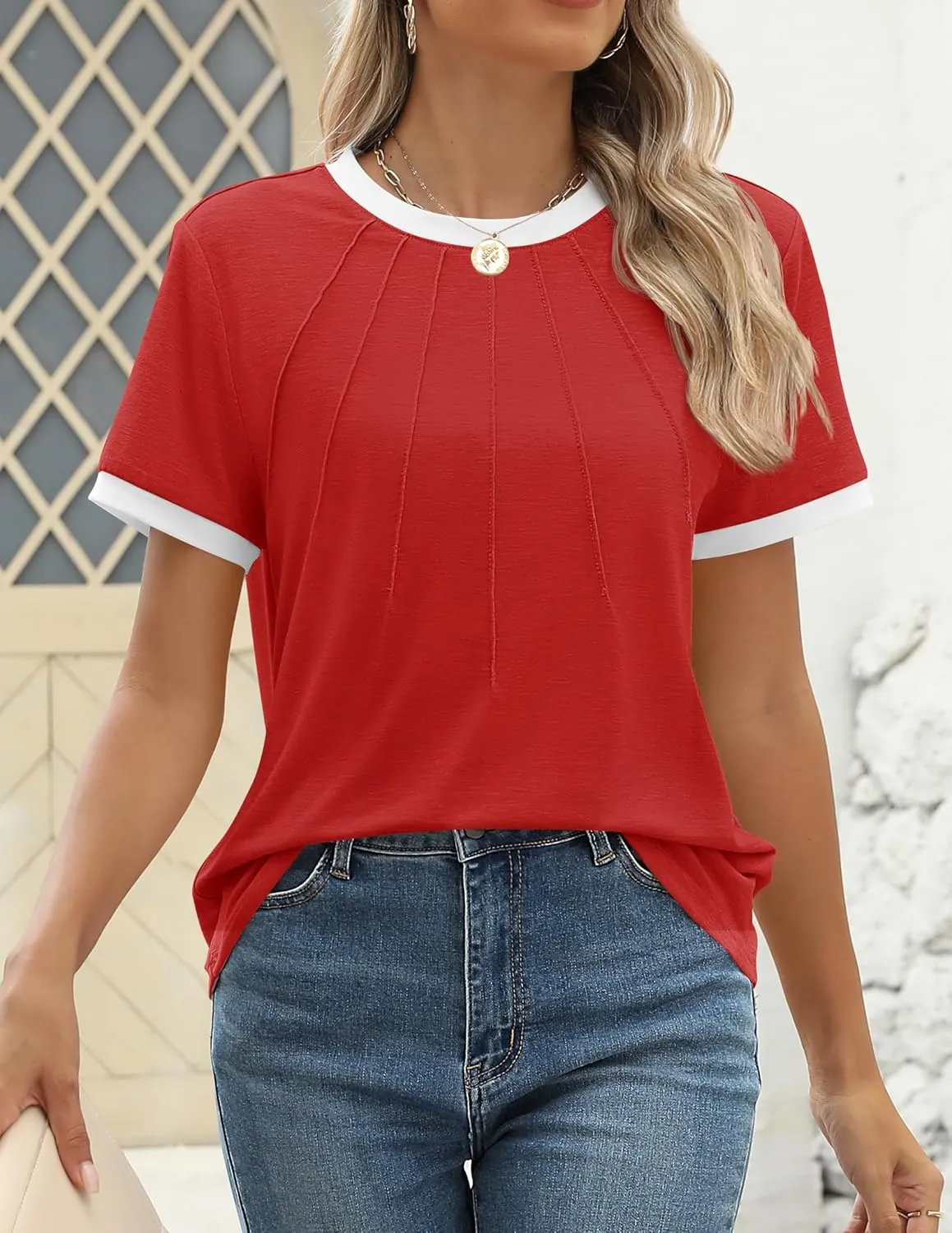 ZESICA Women's Casual Short Sleeve Trendy Shirts 2025 Summer Dressy Crewneck Color Block Tops