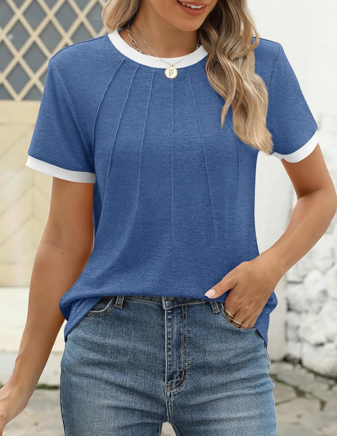 ZESICA Women's Casual Short Sleeve Trendy Shirts 2025 Summer Dressy Crewneck Color Block Tops