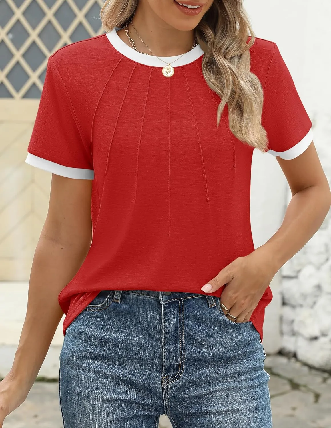 ZESICA Women's Casual Short Sleeve Trendy Shirts 2025 Summer Dressy Crewneck Color Block Tops
