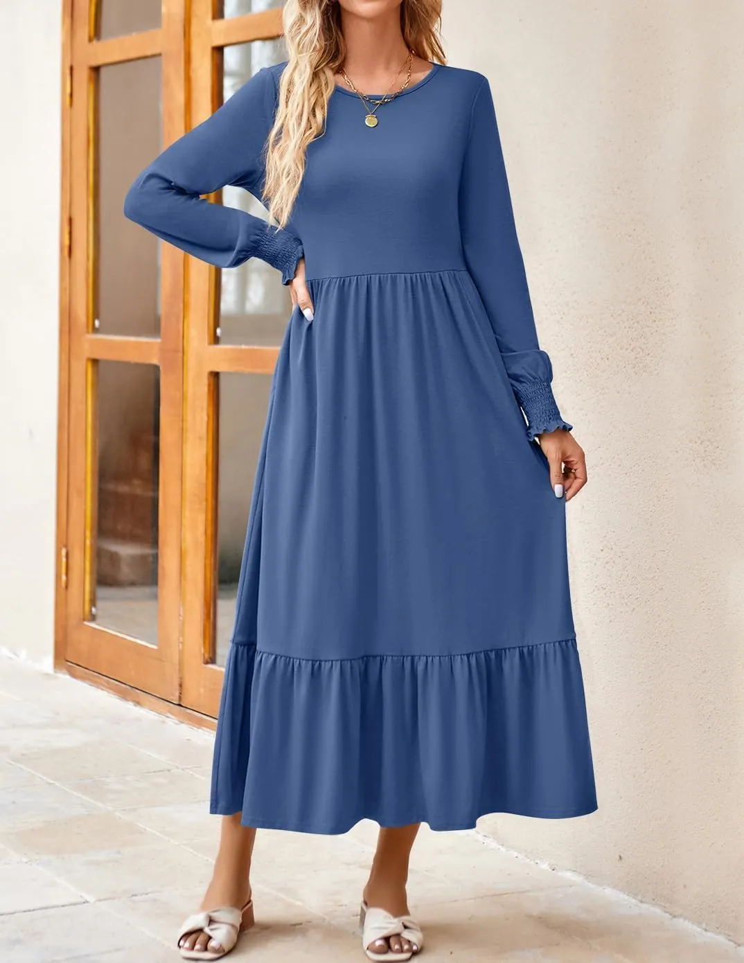 ZESICA Women's Spring Long Sleeve Dress 2025 Crewneck Casual Loose Pleated Tiered Swing Midi Dresses with Pockets