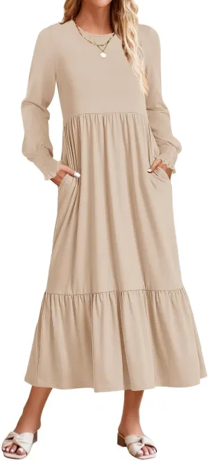 ZESICA Women's Spring Long Sleeve Dress 2025 Crewneck Casual Loose Pleated Tiered Swing Midi Dresses with Pockets