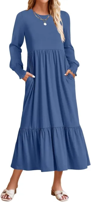 ZESICA Women's Spring Long Sleeve Dress 2025 Crewneck Casual Loose Pleated Tiered Swing Midi Dresses with Pockets