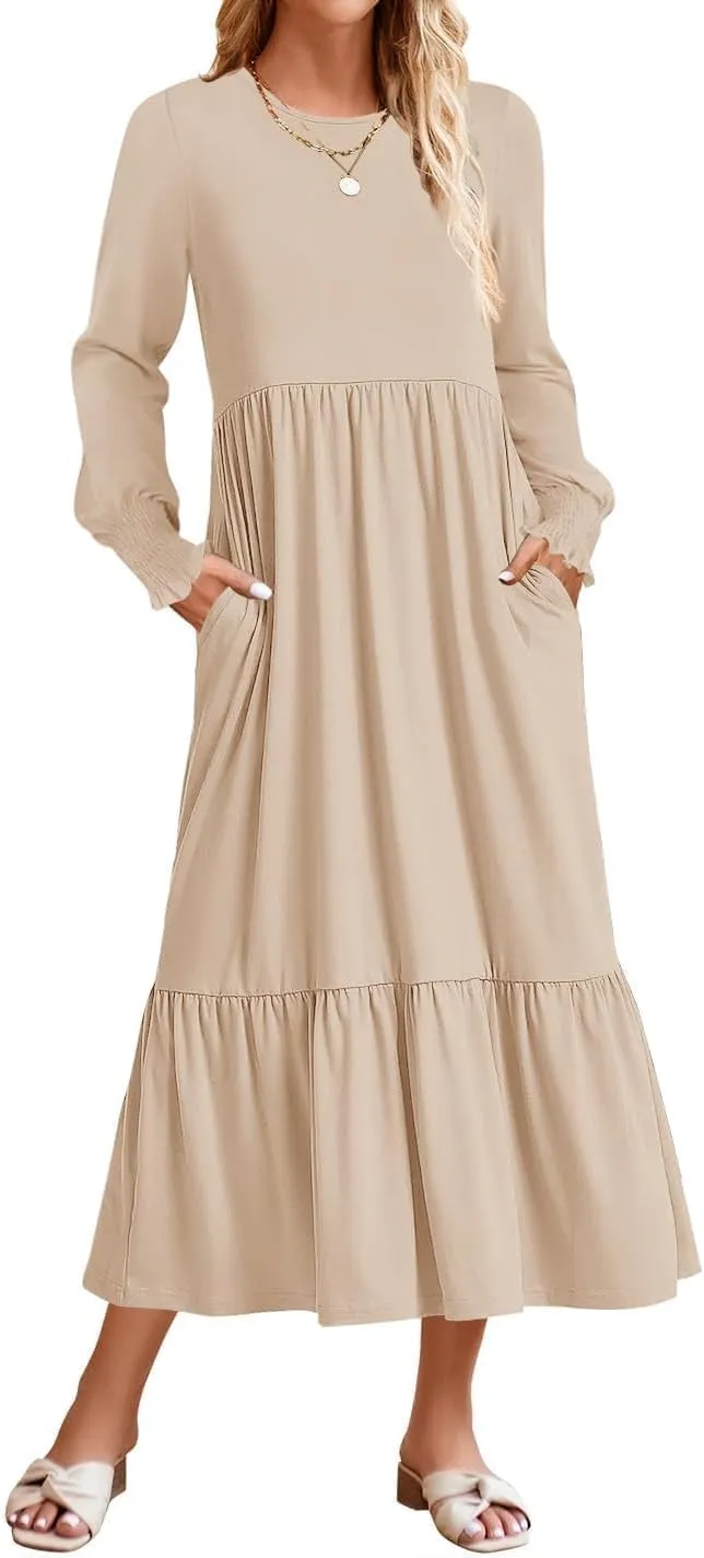 ZESICA Women's Spring Long Sleeve Dress 2025 Crewneck Casual Loose Pleated Tiered Swing Midi Dresses with Pockets