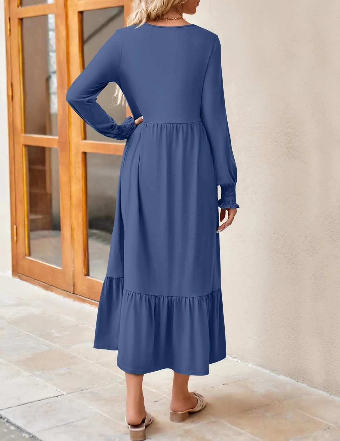 ZESICA Women's Spring Long Sleeve Dress 2025 Crewneck Casual Loose Pleated Tiered Swing Midi Dresses with Pockets