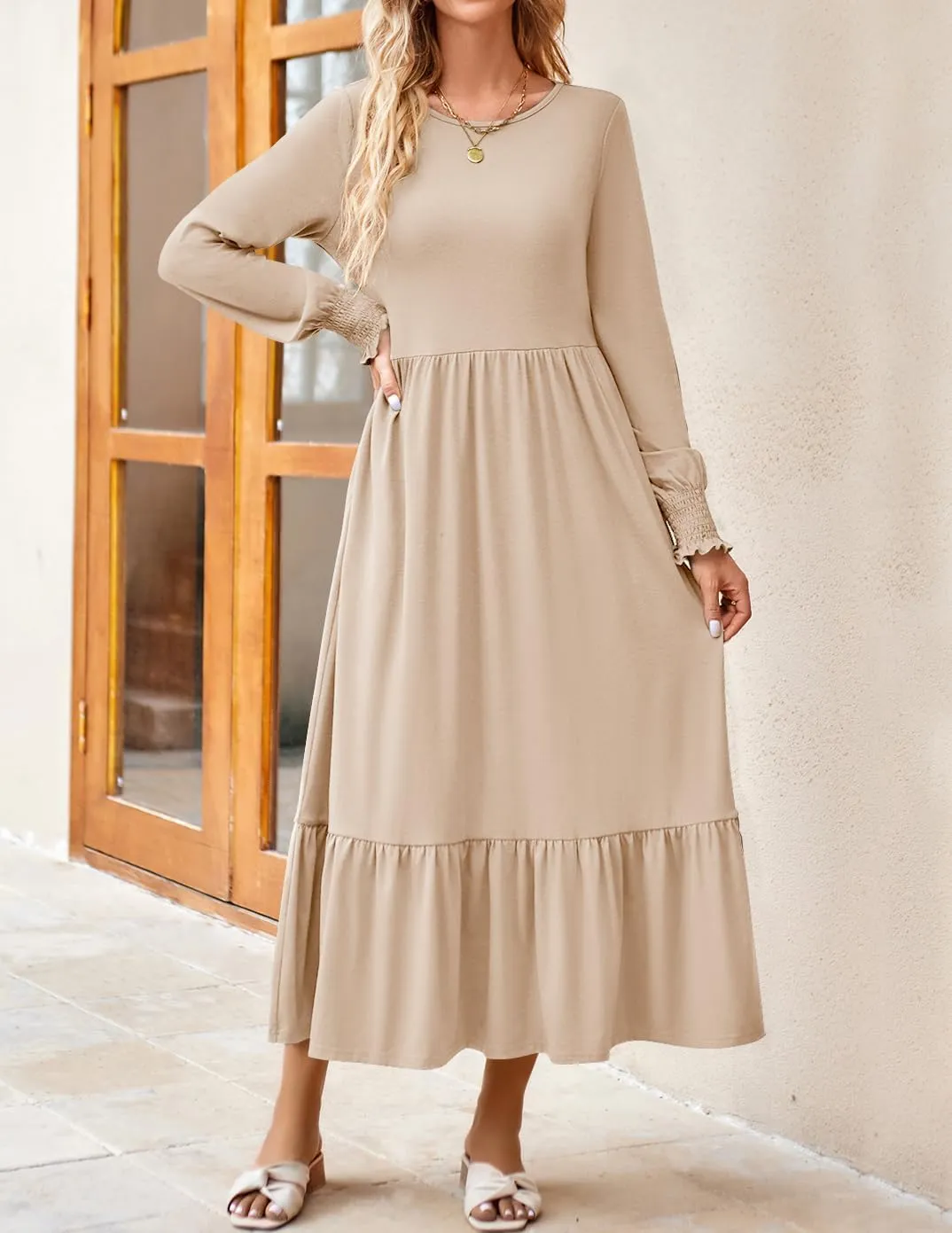 ZESICA Women's Spring Long Sleeve Dress 2025 Crewneck Casual Loose Pleated Tiered Swing Midi Dresses with Pockets
