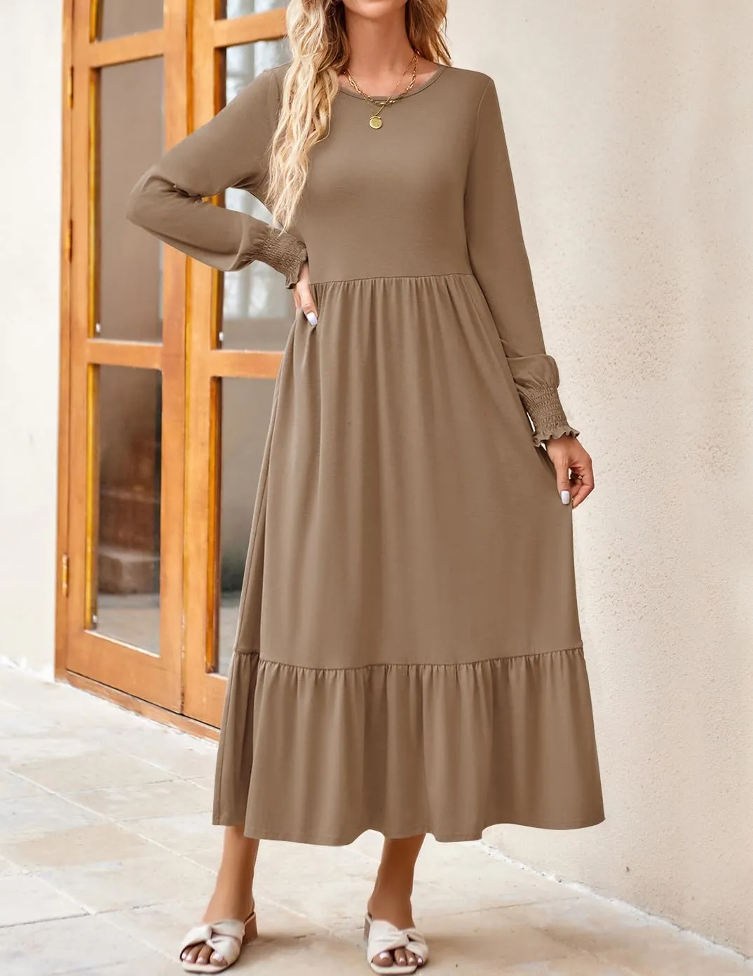 ZESICA Women's Spring Long Sleeve Dress 2025 Crewneck Casual Loose Pleated Tiered Swing Midi Dresses with Pockets