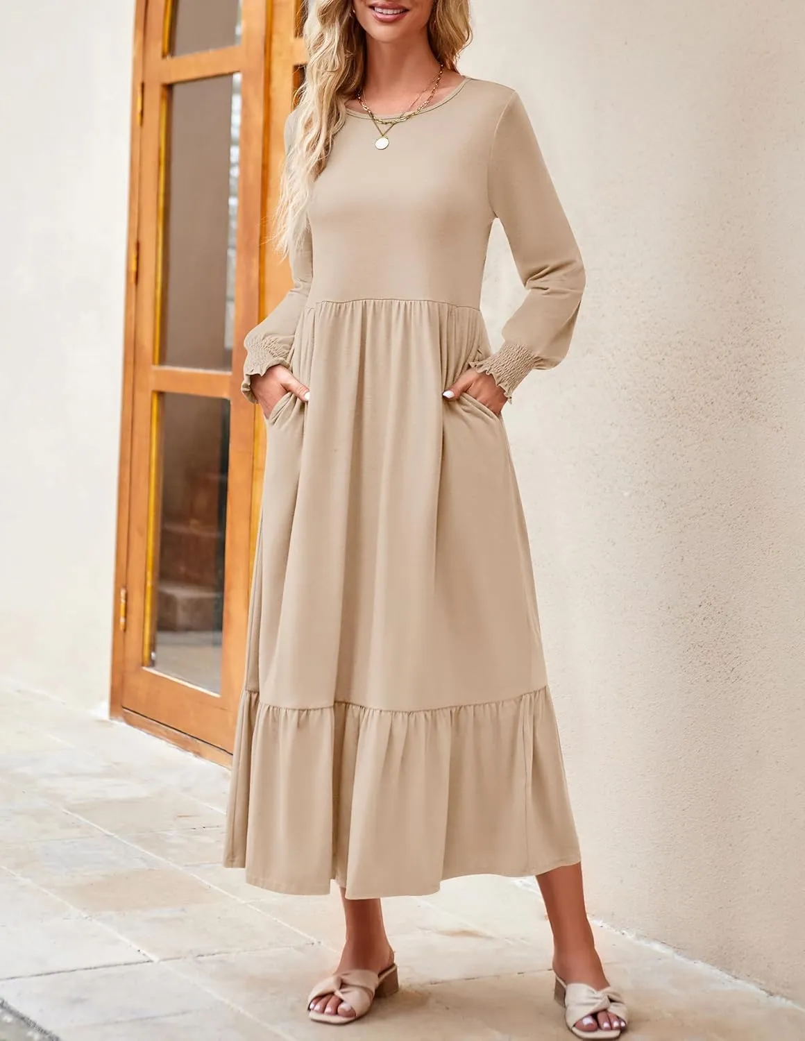 ZESICA Women's Spring Long Sleeve Dress 2025 Crewneck Casual Loose Pleated Tiered Swing Midi Dresses with Pockets